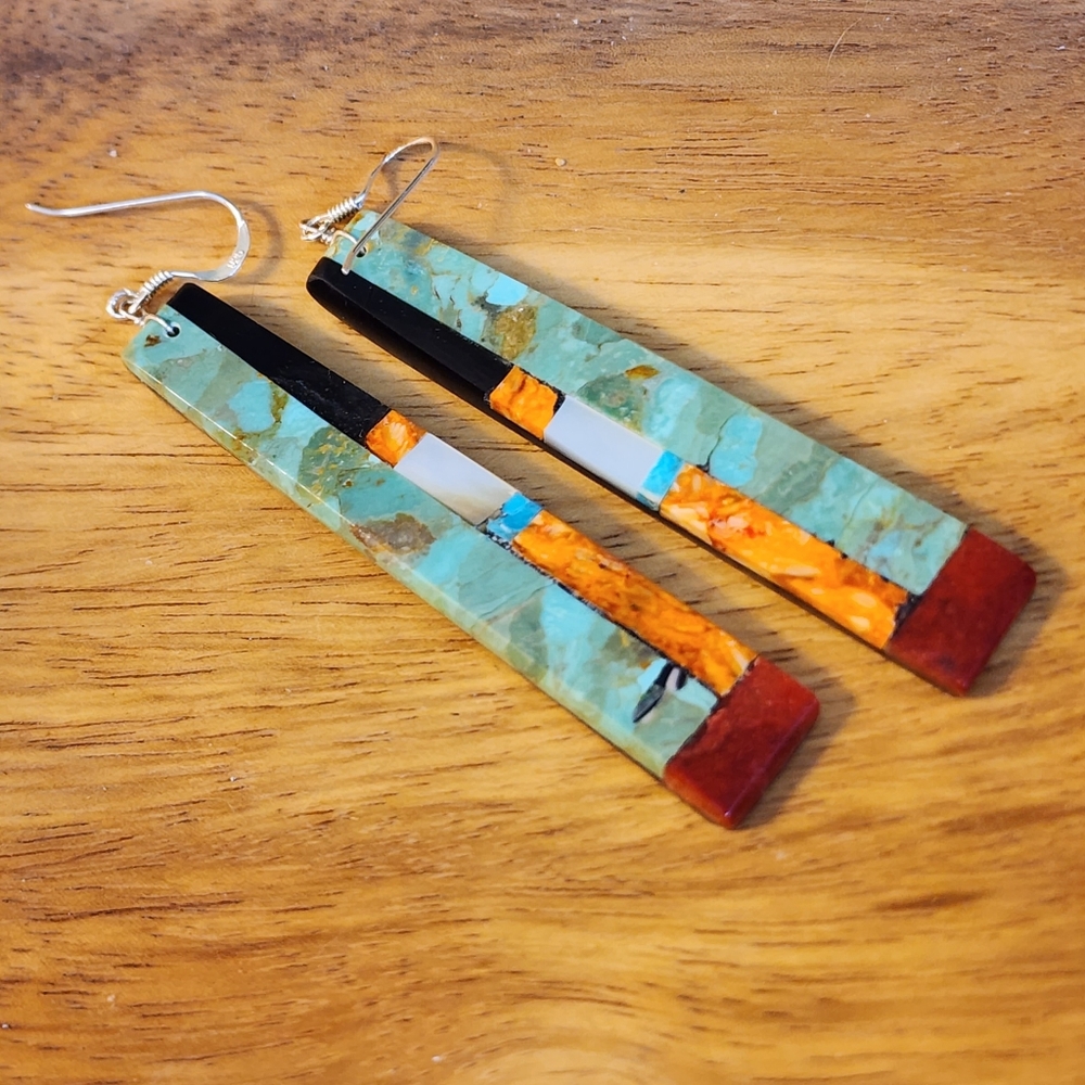 Native American Multi Stone Inlay Drop Earrings - Picture 3 of 15